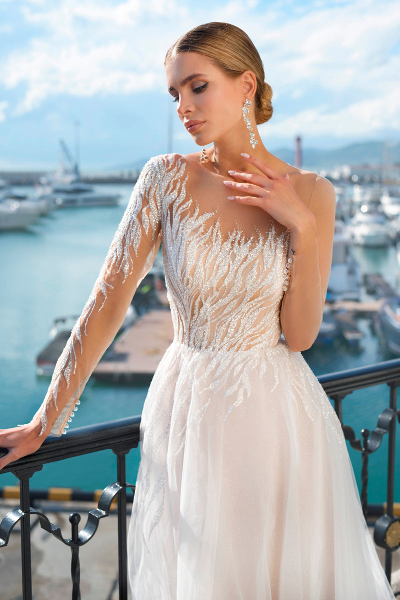 Asymmetrical Illusion Sleeve Wedding Gown