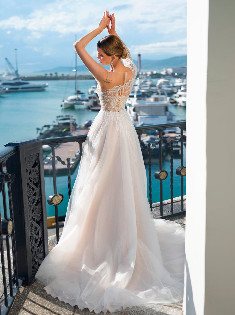 Asymmetrical Illusion Sleeve Wedding Gown