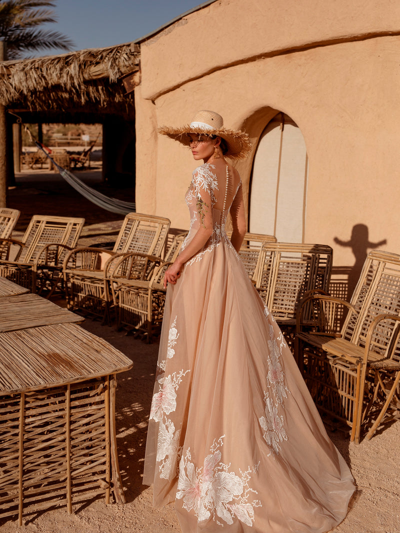 Vestido manga ilusão com estampa floral