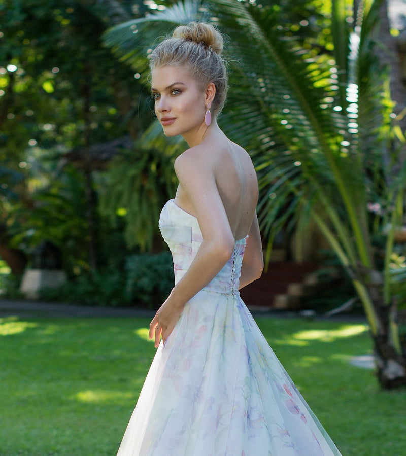 Robe de mariée orchidée sans bretelles à imprimé floral