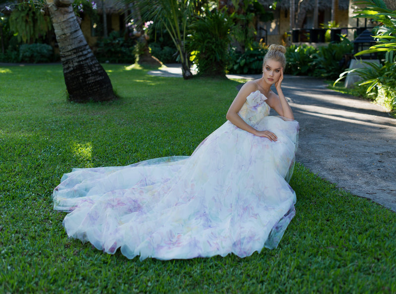 Strapless Floral Print Orchid Wedding Gown