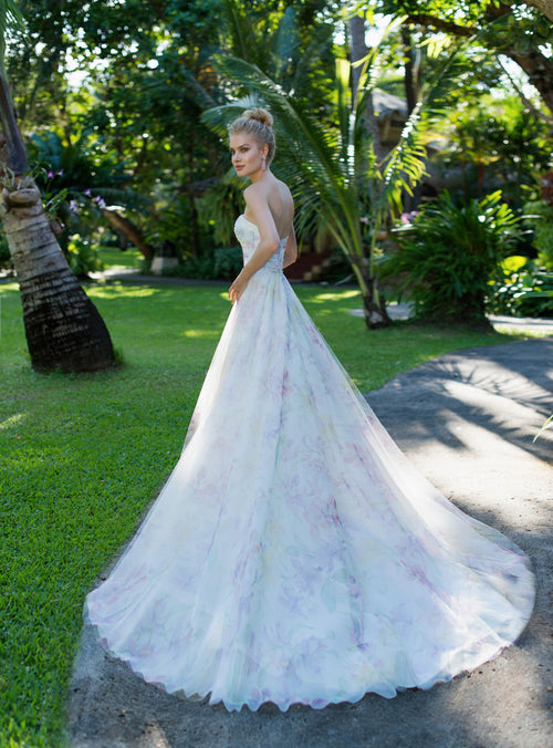 Robe de mariée orchidée sans bretelles à imprimé floral