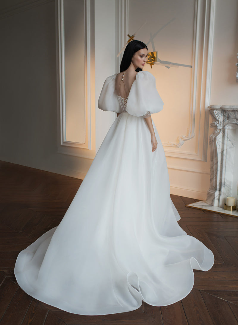 Puff Sleeve Satin Wedding Dresses Mermaid Bridal Gowns With Detachable –  TANYA BRIDAL