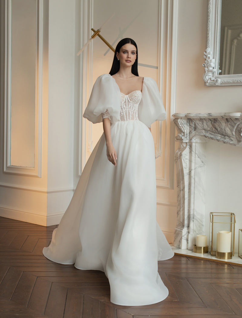 Dramatic Fit-and-Flare Wedding Dress with Off-the-Shoulder Long Sleeves -  Martina Liana Luxe Wedding Dresses