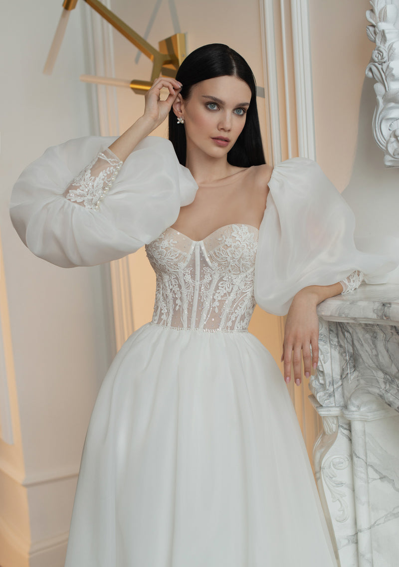 Strapless Wedding Gown with Removable Puffy Sleeves