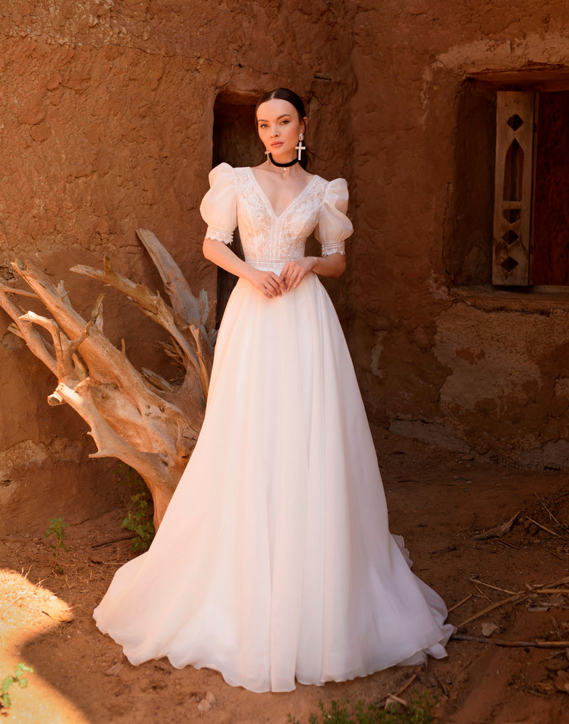 Bohemian Short Sleeve A-Line Wedding Dress