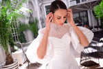 Silk Satin Elegant Wedding Gown with  3/4 Puffy Sleeves