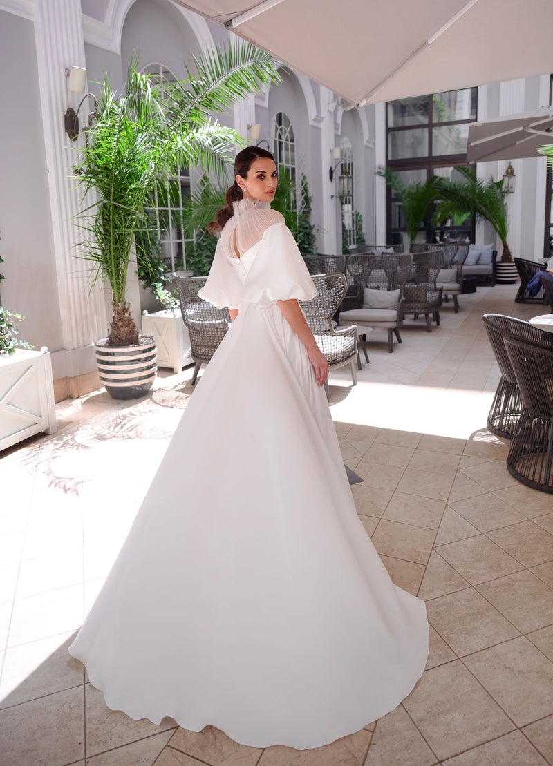 Silk Satin Elegant Wedding Gown with  3/4 Puffy Sleeves