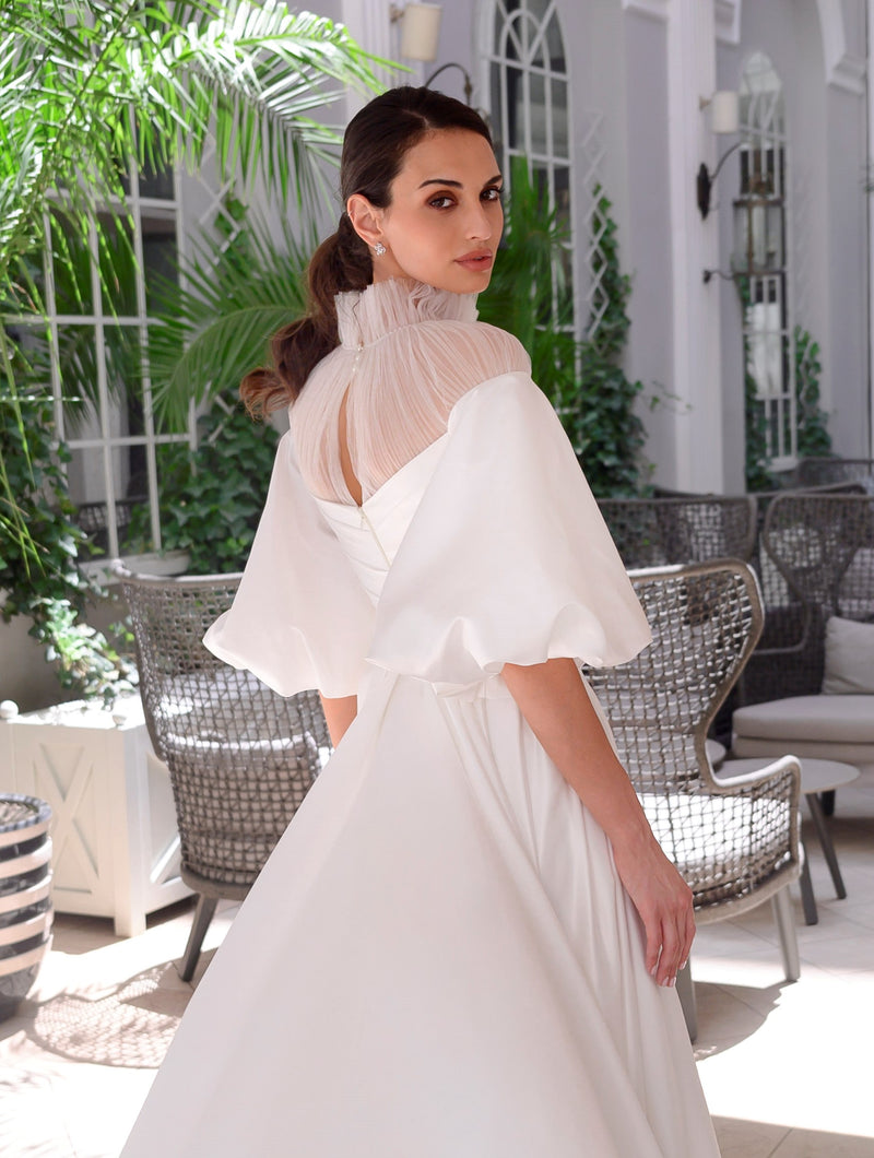 Silk Satin Elegant Wedding Gown with  3/4 Puffy Sleeves