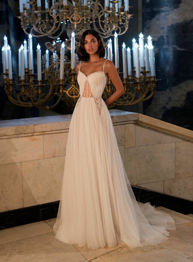 a line spaghetti strap long dress ZAPAKA Women Dark Green Prom Dress Tulle Spaghetti Straps A Line Evening Dress with Slit, Dark Green / US14