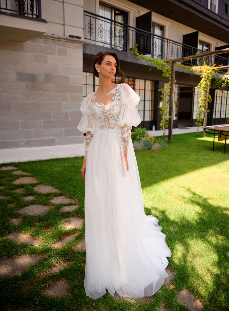 Long Puffy Sleeve Lace Bridal Gown