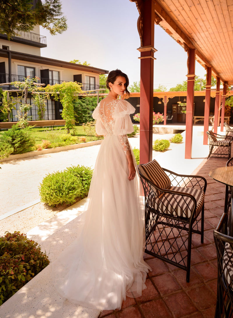 Vestido de Noiva Manga Longa Bufante Renda