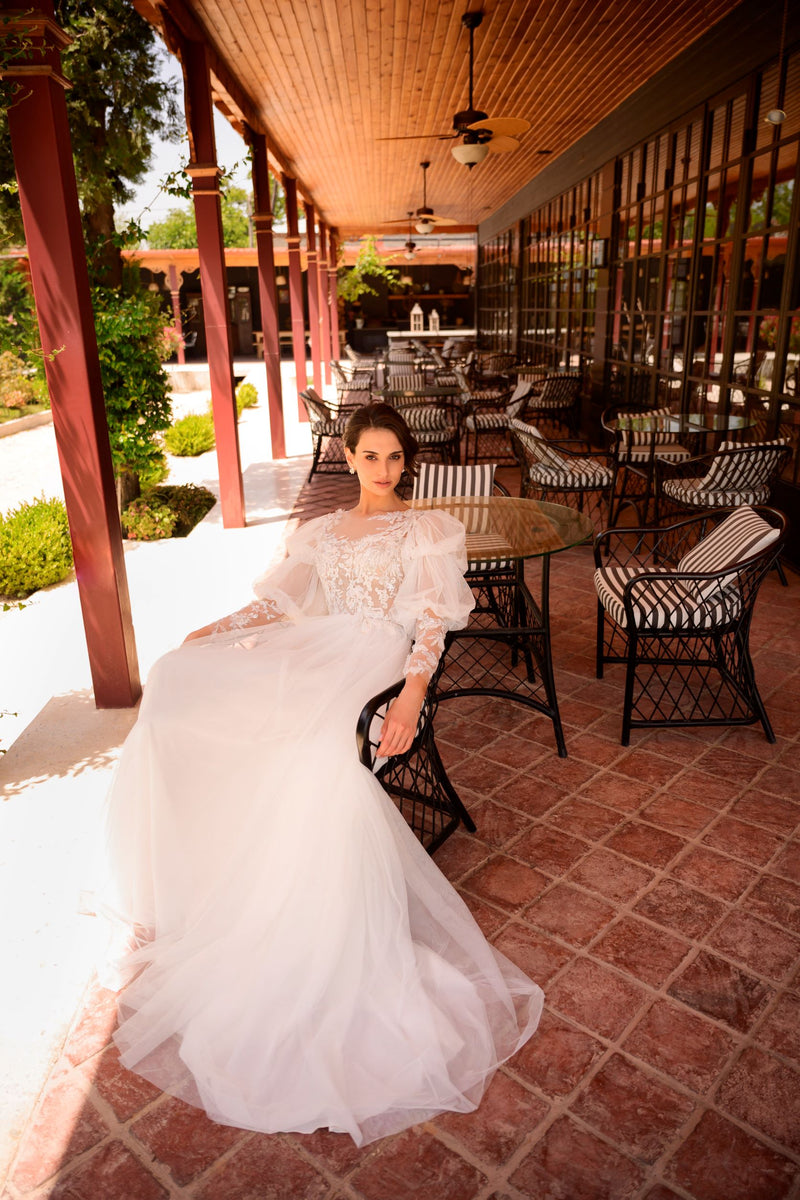 Vestido de Noiva Manga Longa Bufante Renda
