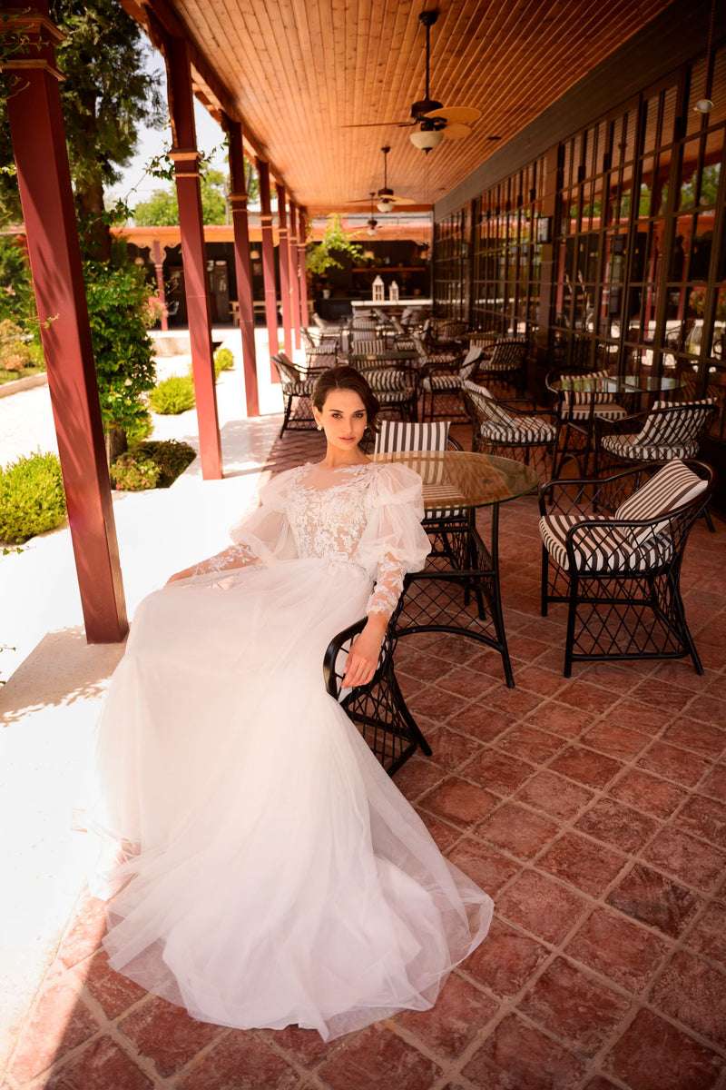 Long Puffy Sleeve Lace Bridal Gown
