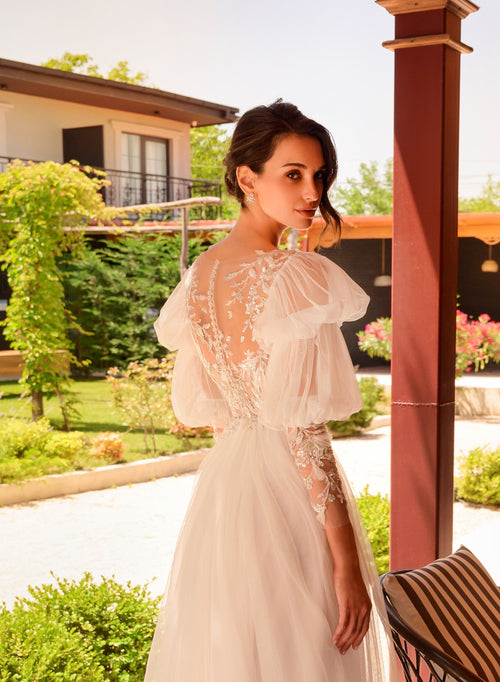Long Puffy Sleeve Lace Bridal Gown