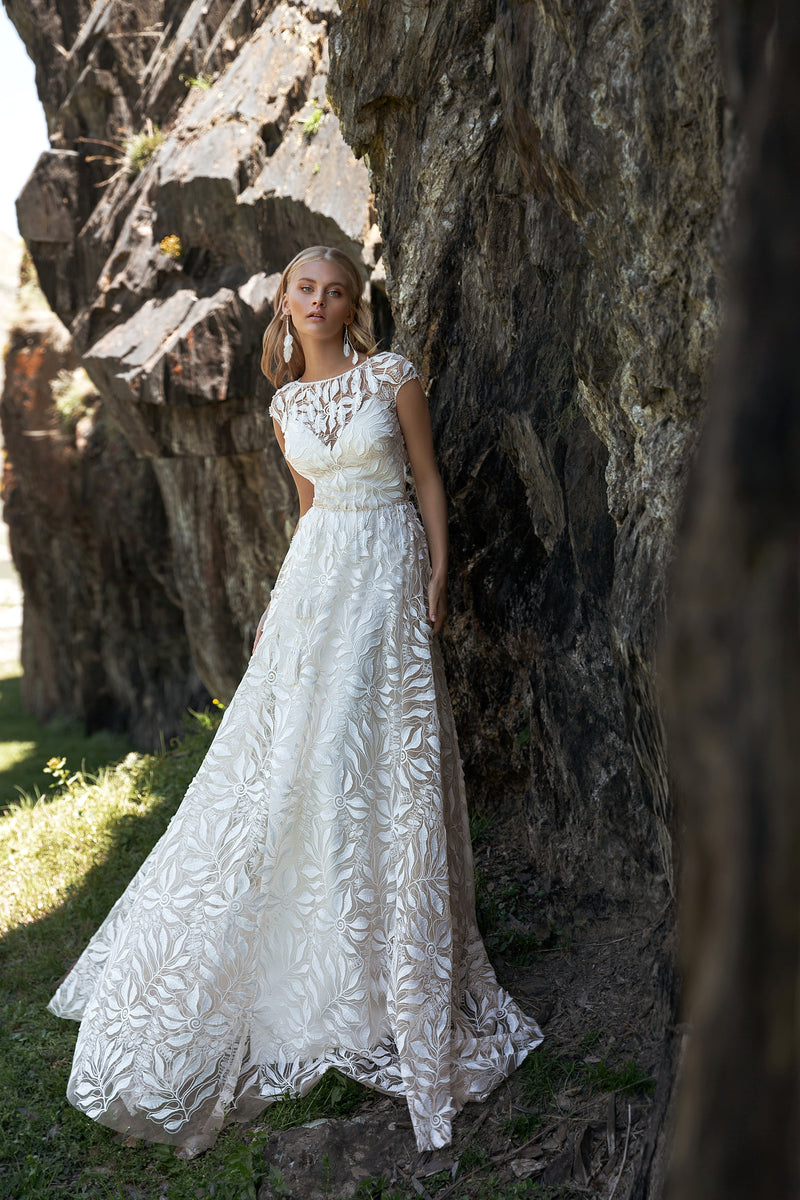 Spaghetti Strap Wedding Gown with Lace Overlay