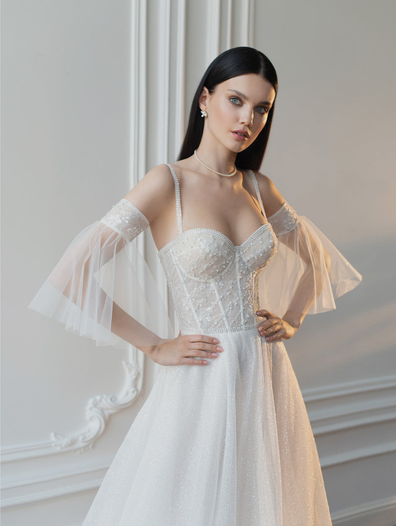 wedding dress sheer straps A-Line Wedding Gown A Sheer Corset Bodice With Lace Appliqu And Beaded Spaghetti Straps 18 / Off White
