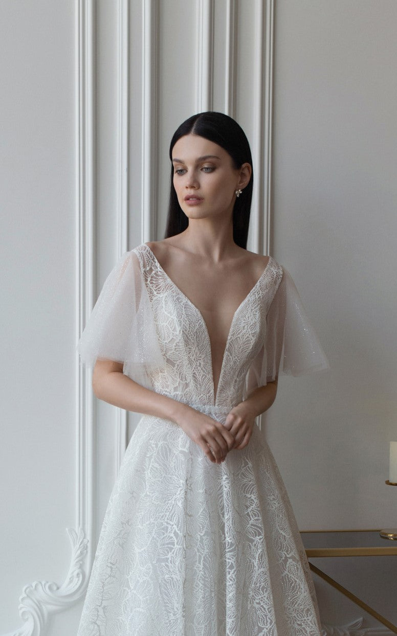lace v neck short sleeve wedding dress Vintage Graceful Floral V-neck V-back Side Button Decorated Lace Wedding Dress With Butterfly Sleeves, Diamond White / 16