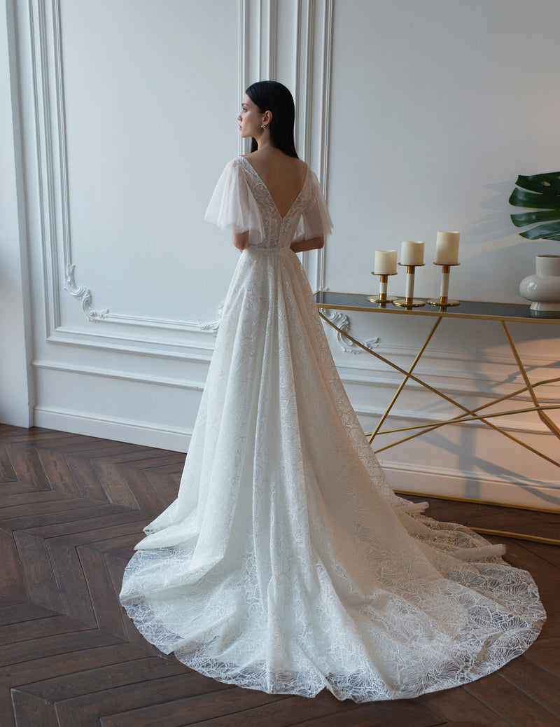 Short Sleeve V-Neck Lace Wedding Gown HAREM's Brides Short Sleeve V-Neck Lace Wedding Gown HAREM's Brides