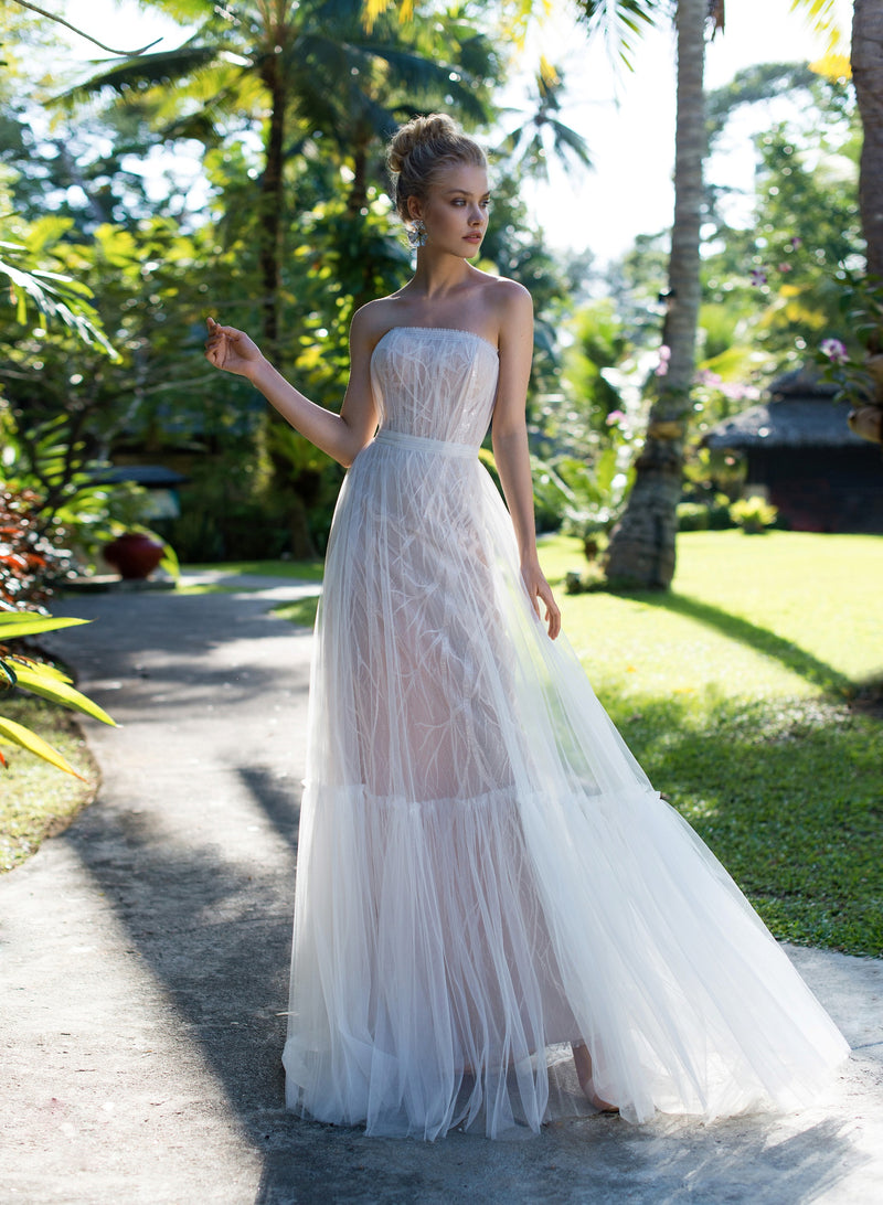 Strapless Wedding Dress With Blush Floral Overlay