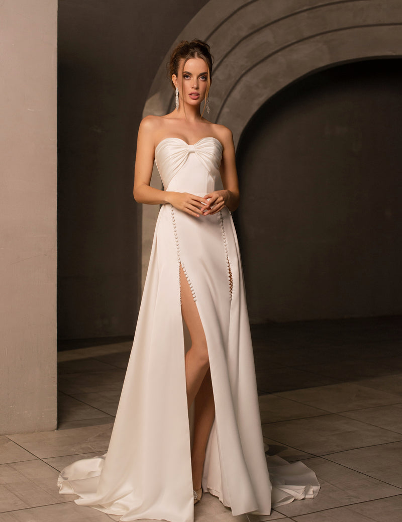 Sexy Strapless A-Line Satin Wedding Dress with Double Slit HAREM's Brides Sexy Strapless A-Line Satin Wedding Dress with Double Slit HAREM's Brides