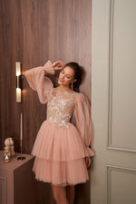 Long Sleeve Tulle Mini Dress with Detachable Ruffle Train