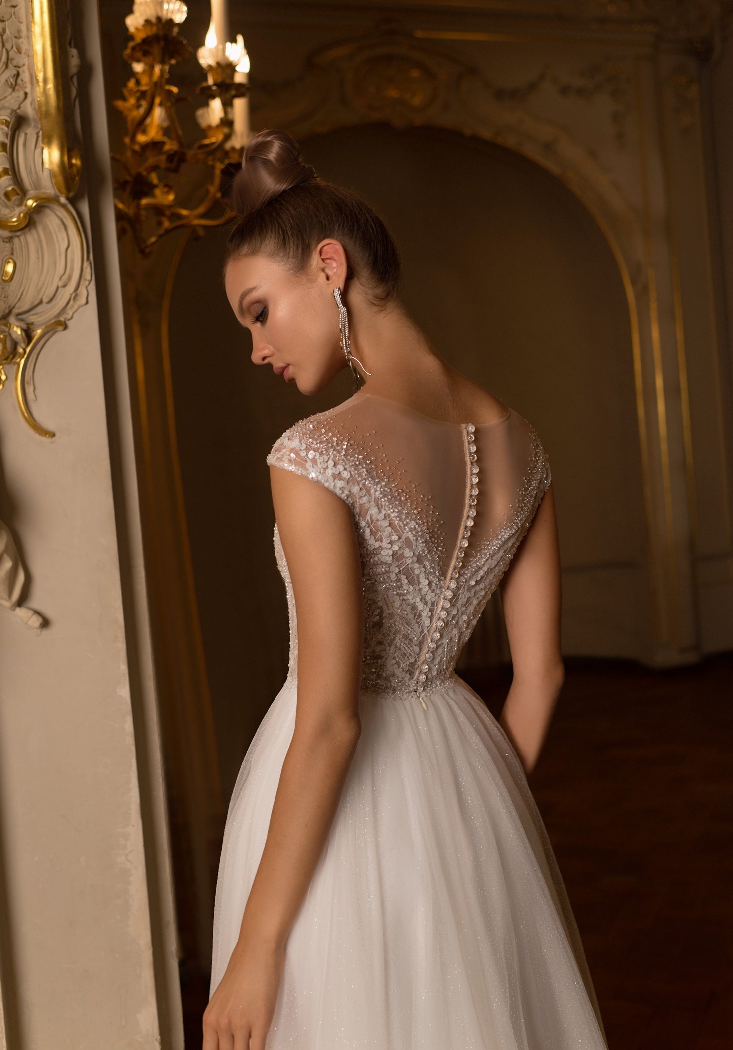 lace illusion neckline wedding dress Illusion Neck Beaded Flower Lace Shimmery Wedding Dress