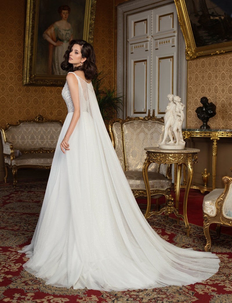 V-Neck A-Line Wedding Dress With Removable Cape