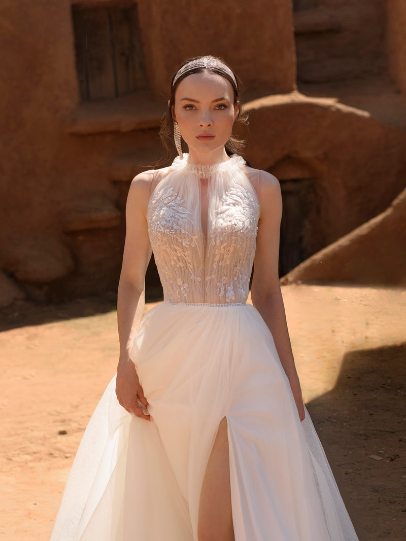 Robe de mariée 2 en 1 à col montant et manches amovibles