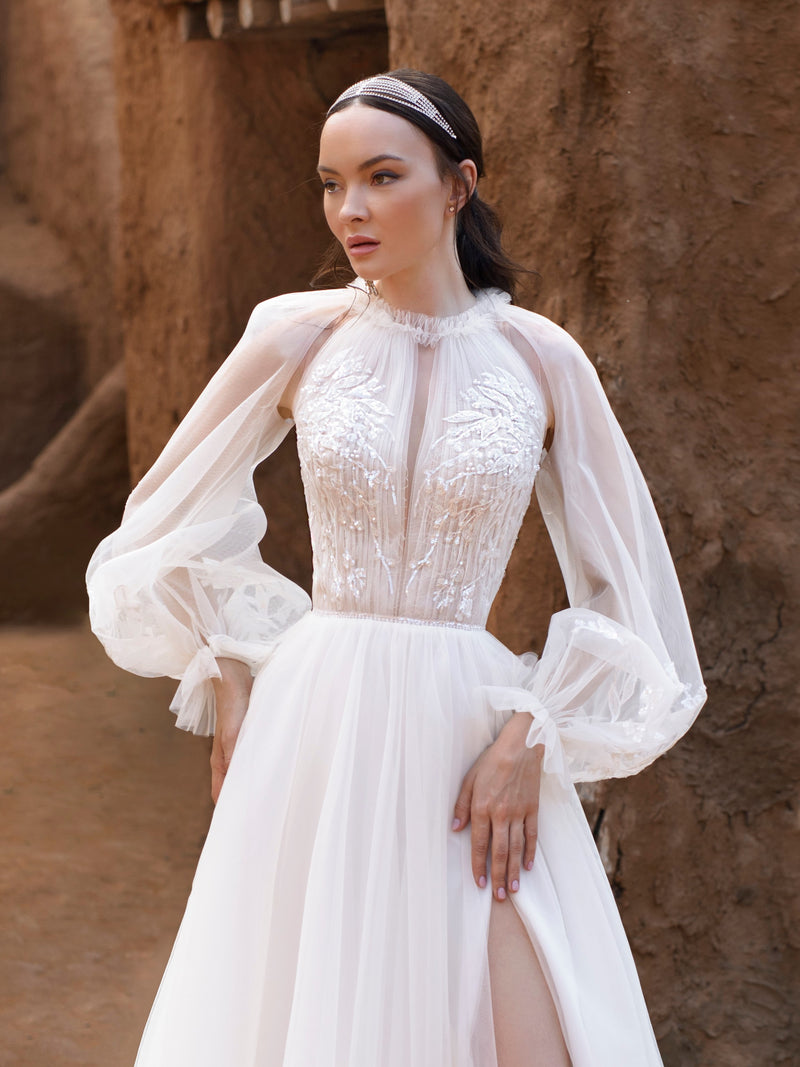 Robe de mariée 2 en 1 à col montant et manches amovibles