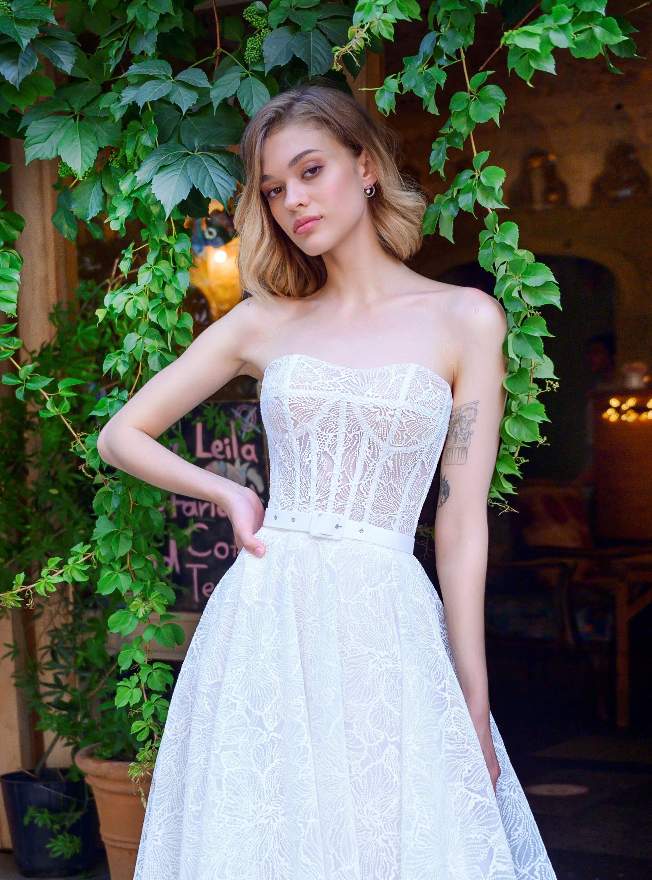 cream lace strapless dress Strapless Long White Formal Dress with Lace-Up Corset Off White / 2