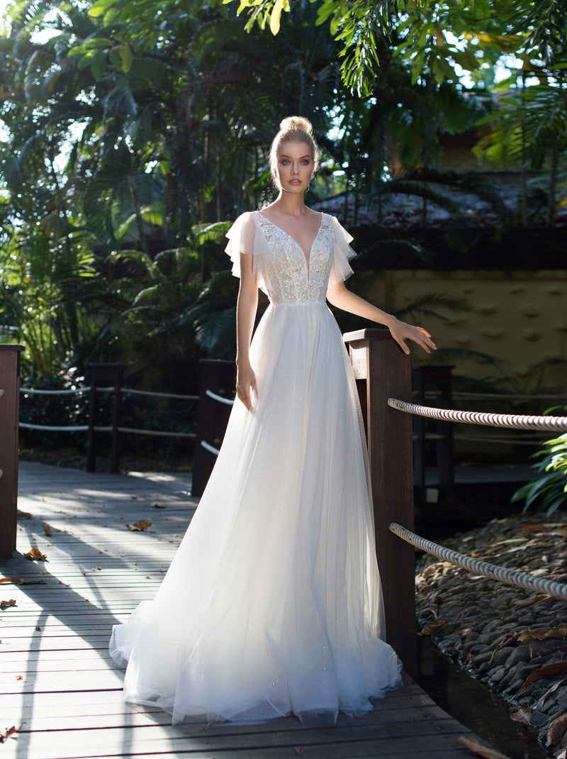 butterfly sleeve a line dress Embellished Illusion Butterfly Sleeve A-Line Gown (Women)