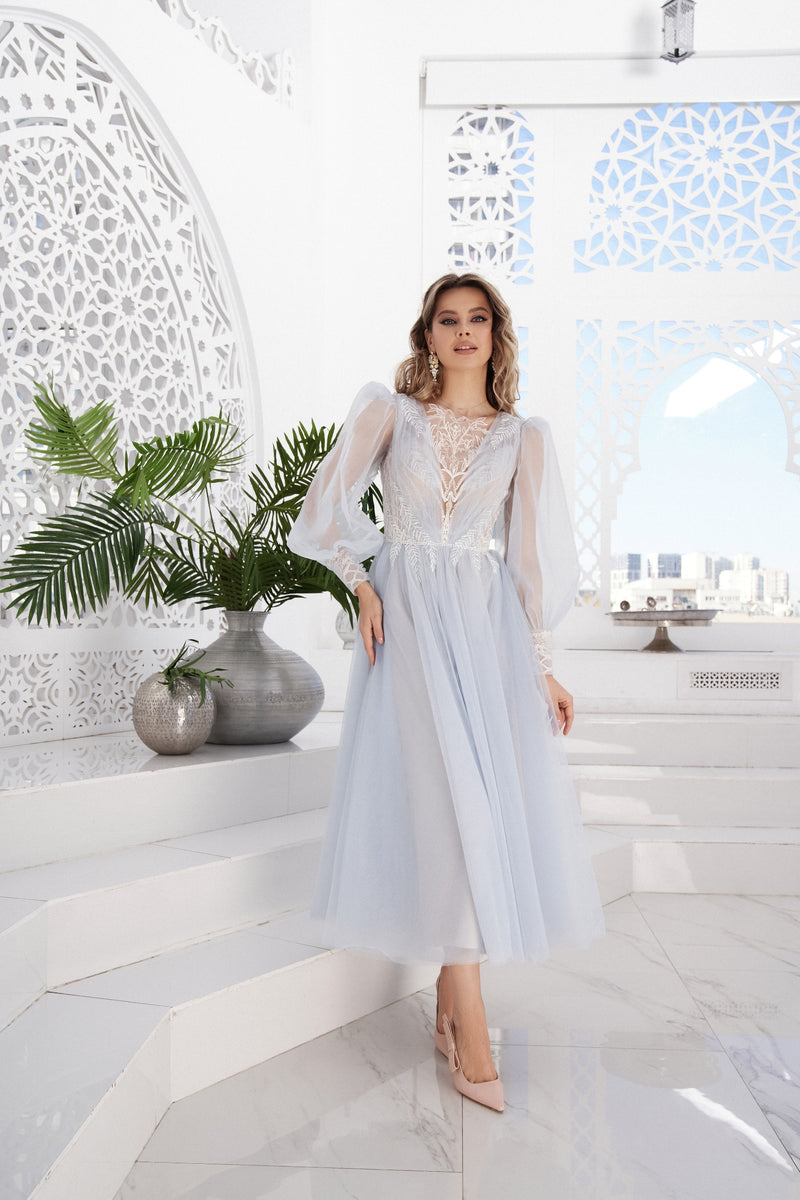 Long Sheer Sleeve Midi Dress HAREM's Brides Long Sheer Sleeve Midi Dress HAREM's Brides