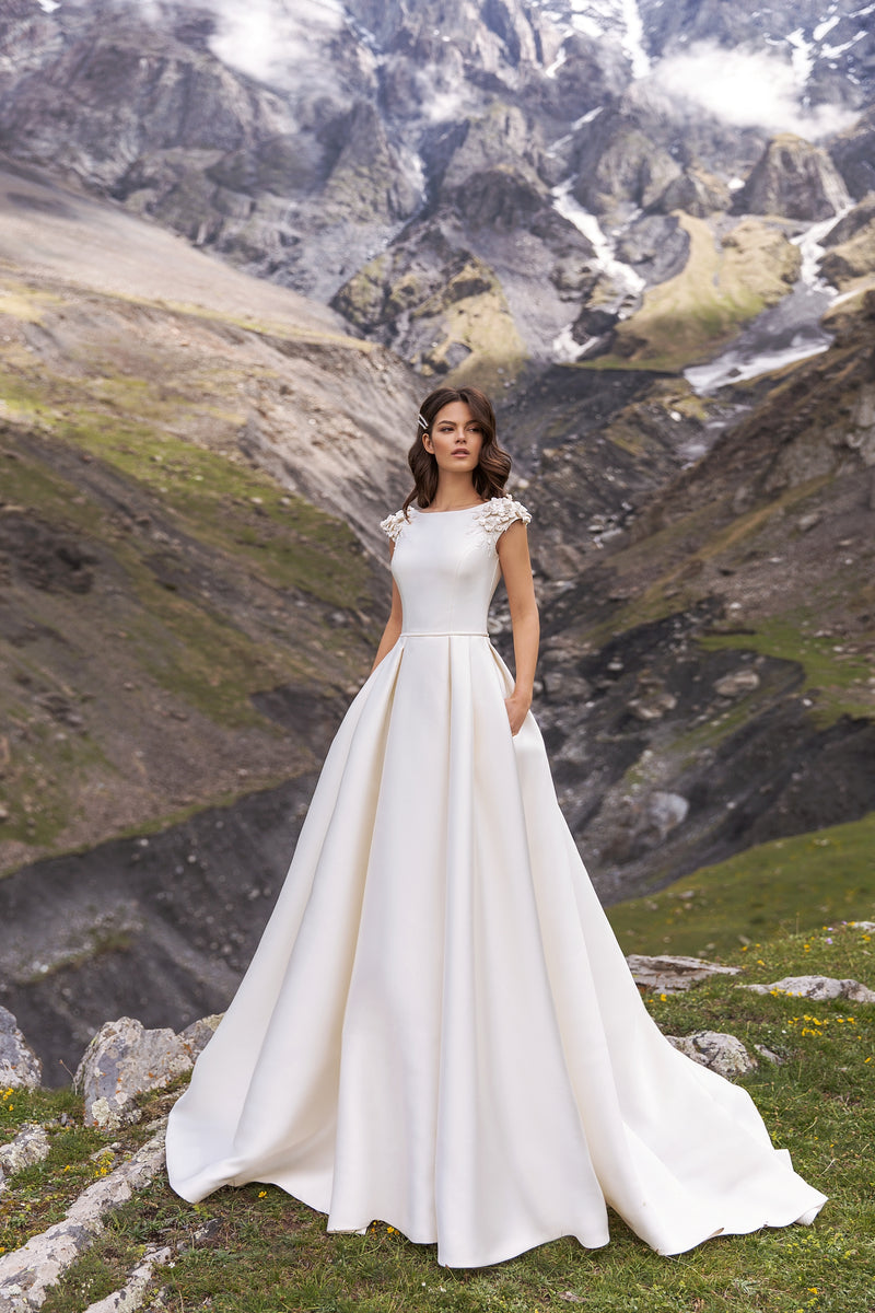 Elegant Minimalist Cape Sleeves Mikado Wedding Dress