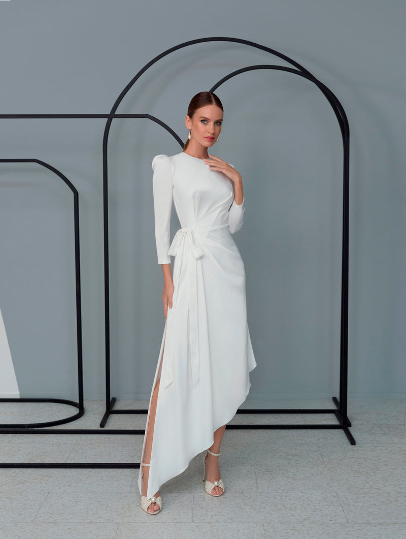 Long Sleeve Midi White Elegant Bridal Dress
