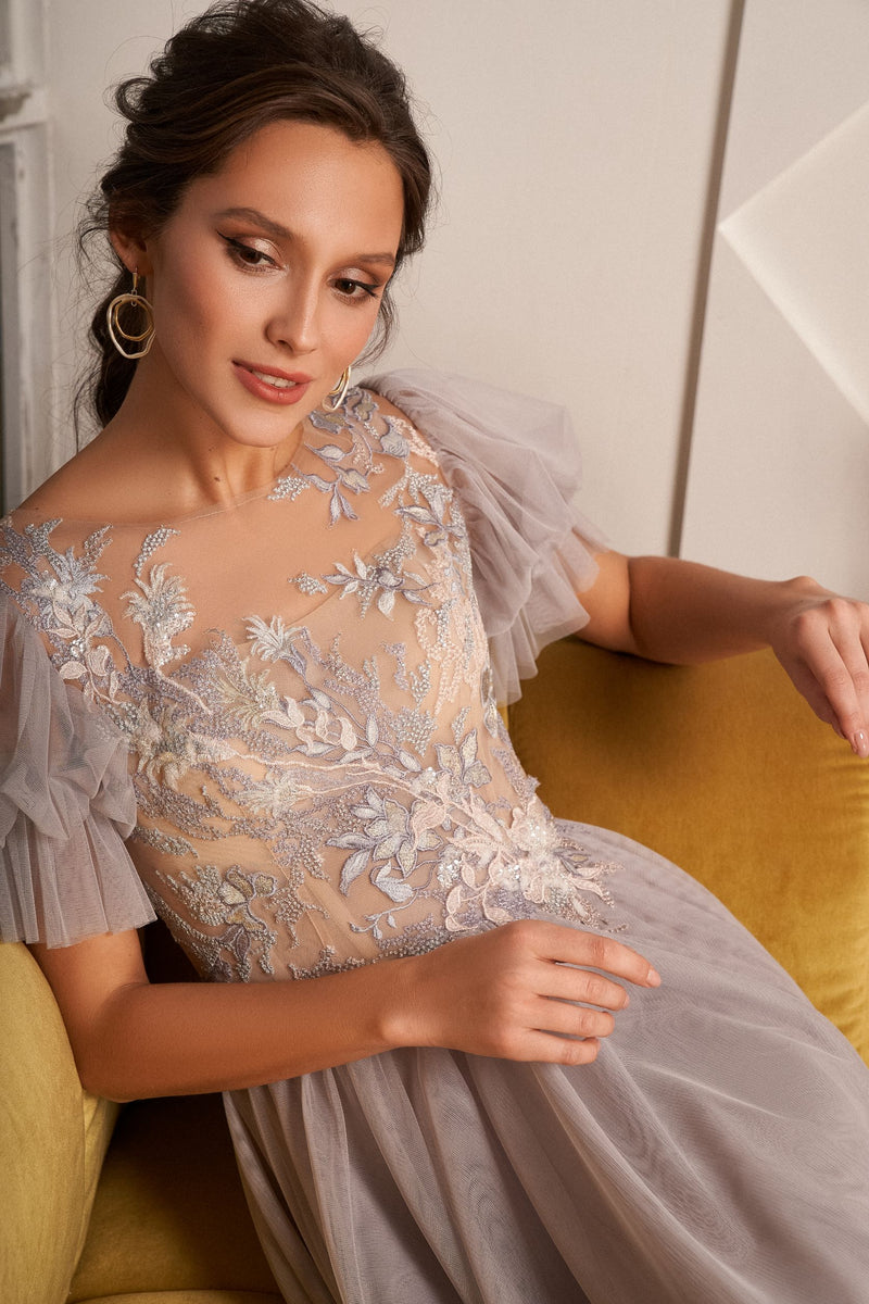 tulle sleeve midi dress Josie Tulle Midi Dress Dusty Blue Floral