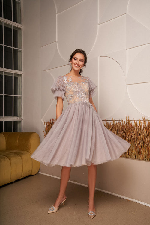 Robe mi-longue en tulle à mancherons 