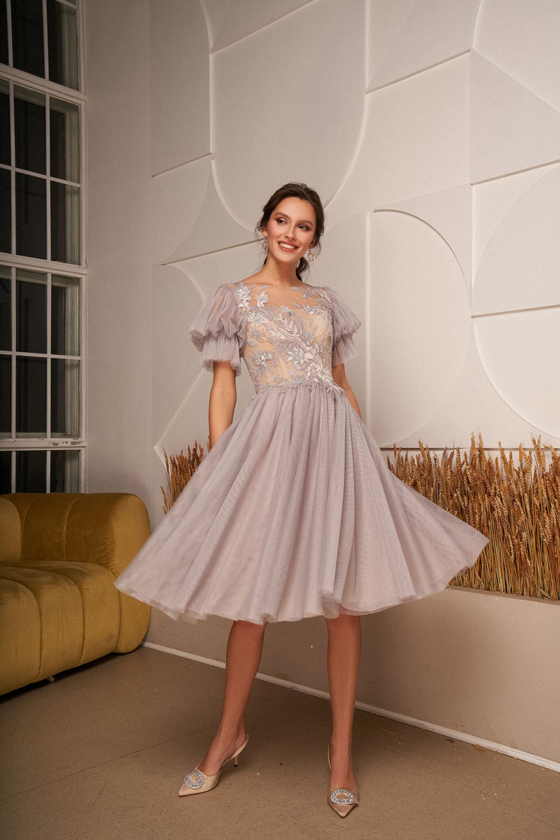 tulle sleeve midi dress Josie Tulle Midi Dress Dusty Blue Floral