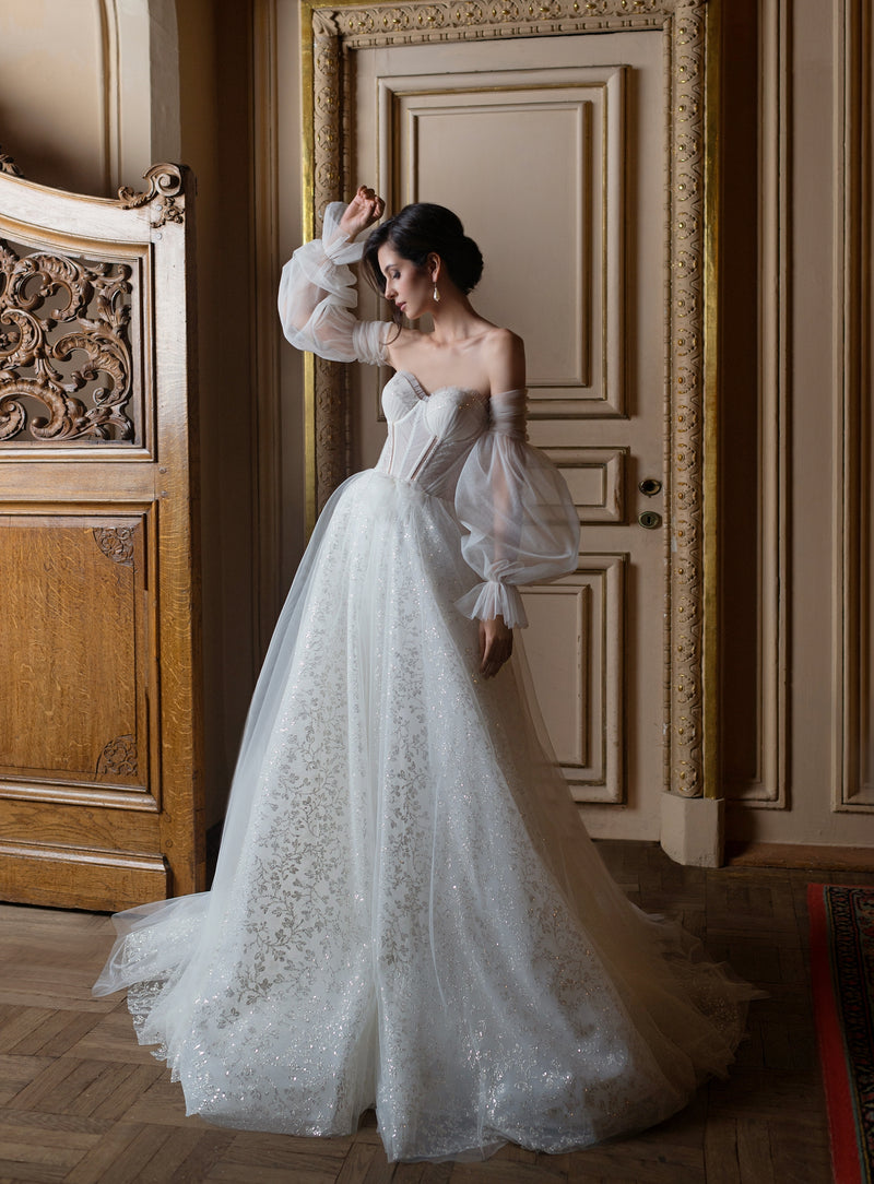 Robe de mariée chérie à paillettes avec manches amovibles