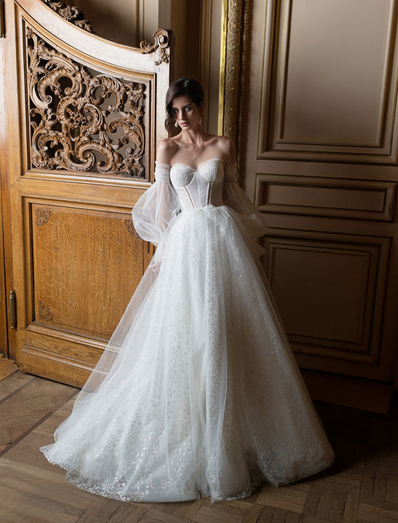 Robe de mariée chérie à paillettes avec manches amovibles