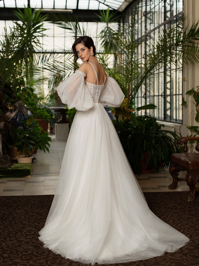 Exquisite Spaghetti Strap Glitter Wedding Gown with Removable Sleeves