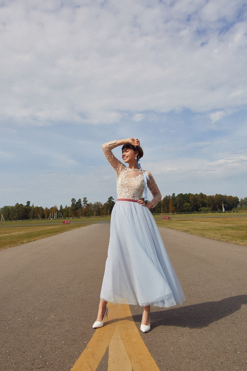 Vestido Midi Manga Longa Azul