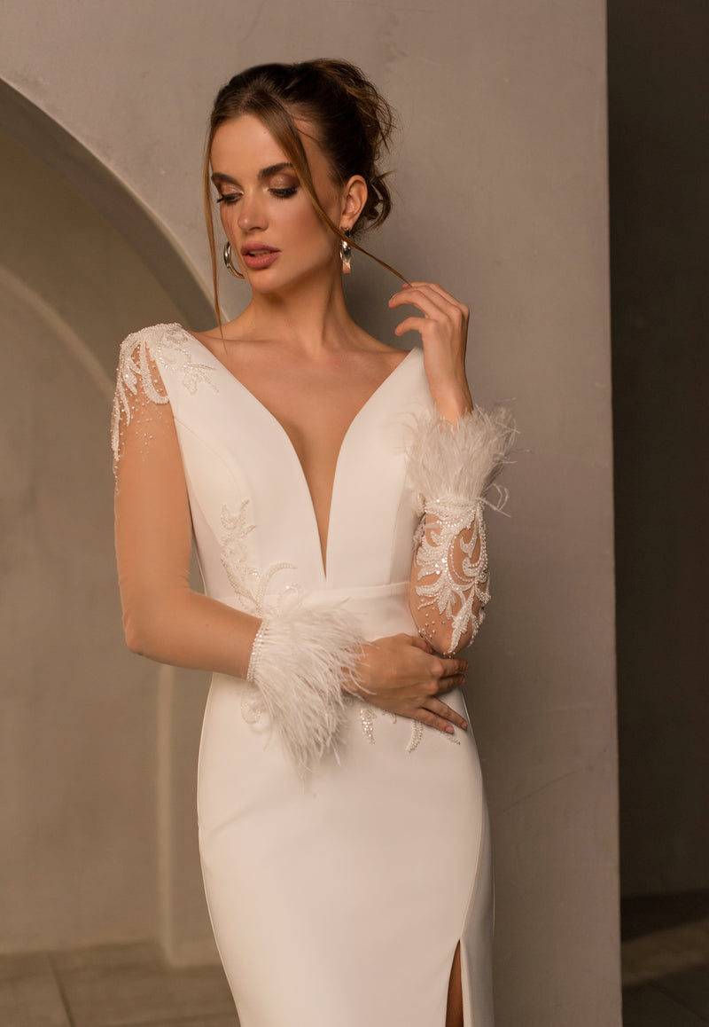 Exquisito vestido de novia de sirena de manga larga transparente