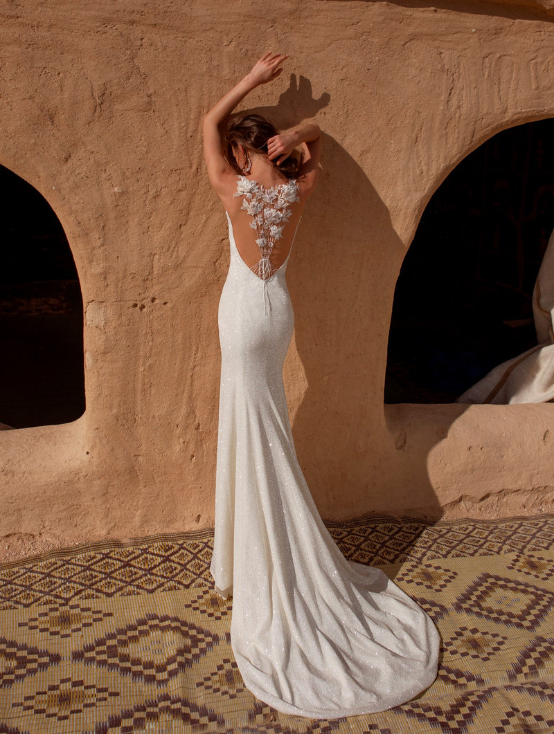 Glitter Mermaid Wedding Gown with Decorated Back