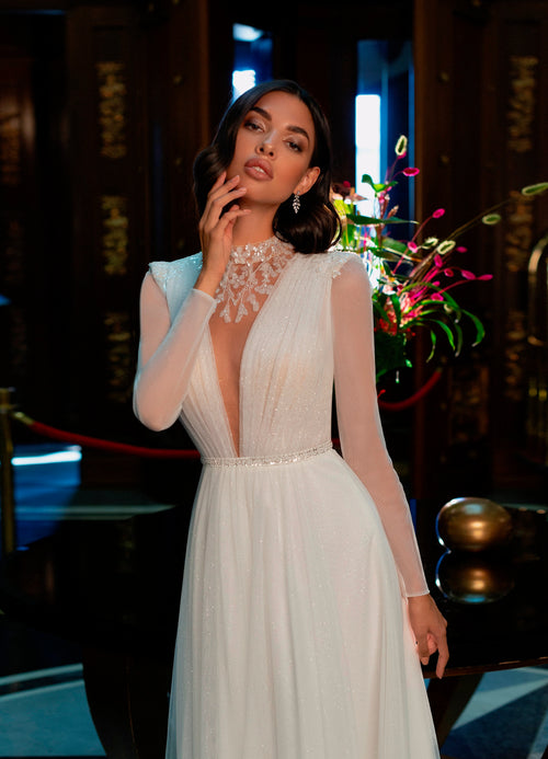 Illusion Long Sleeve V-Neck Wedding Dress