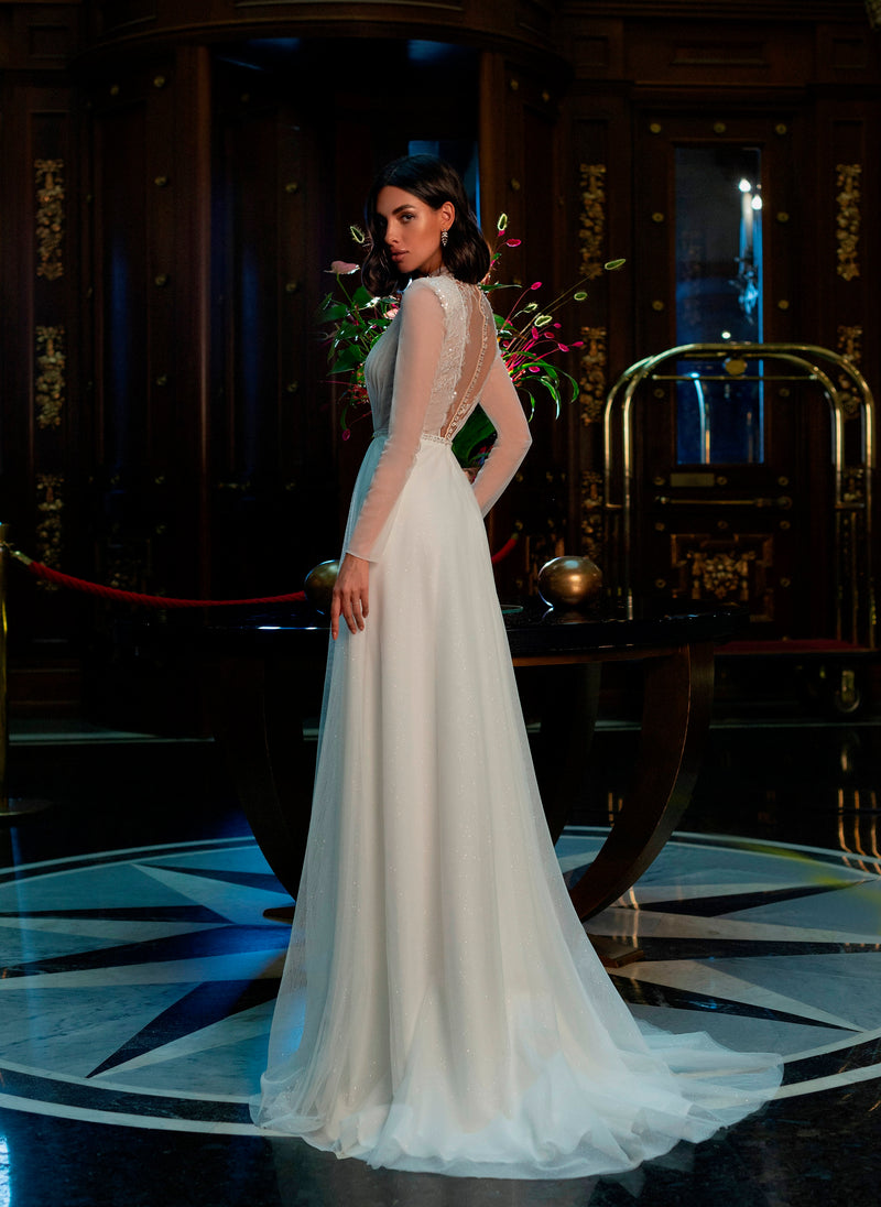 Illusion Long Sleeve V-Neck Wedding Dress