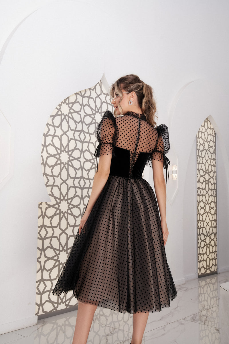Short Sleeves Black Polka Dot Midi Dress HAREM's Brides Short Sleeves Black Polka Dot Midi Dress HAREM's Brides