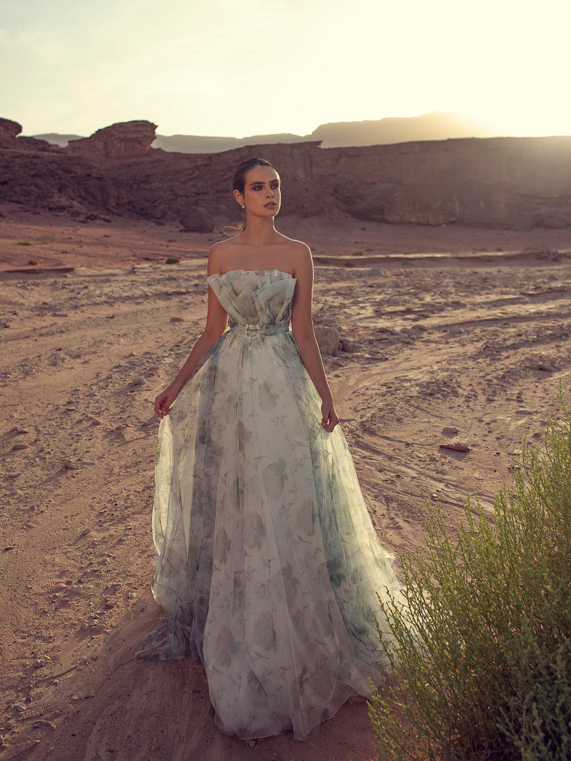 Strapless Gown with Floral Print Fabric – HAREM's Brides Strapless Gown with Floral Print Fabric – HAREM's Brides