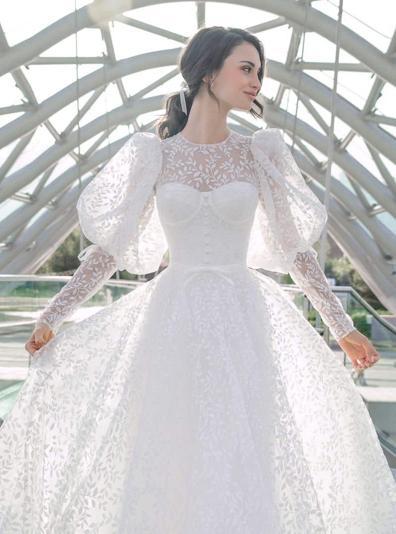 Long Puffy Sleeve Lace Wedding Dress