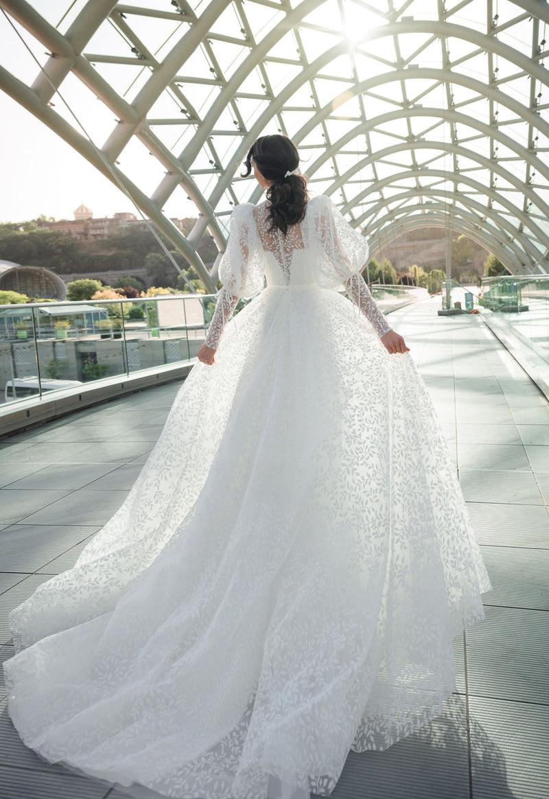 Long Puffy Sleeve Lace Wedding Dress